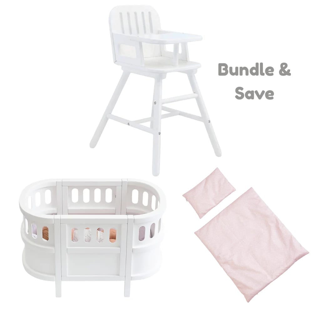 Celeste Cot, Celeste High Chair & Doll Bedding Bundle White