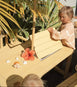 Patio Table + 2 Bench Chairs & White Umbrella