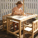 Patio Table + 2 Bench Chairs & White Umbrella