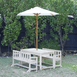 Patio Table + 2 Bench Chairs & White Umbrella