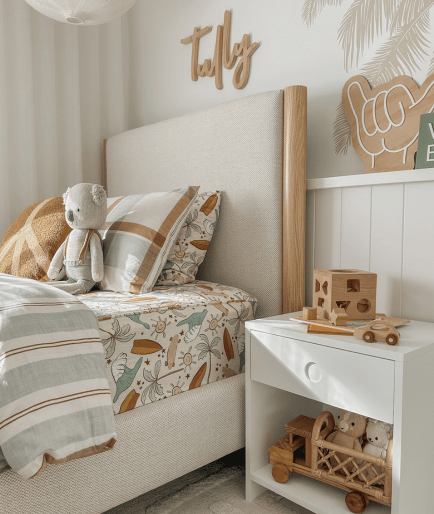 wooden bed and bookcase