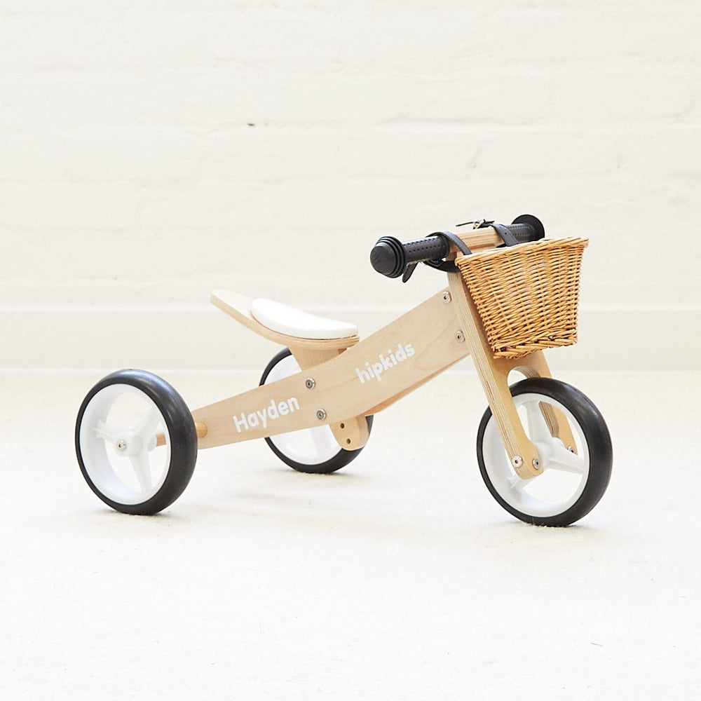 2 in 1 Toddler Mini-Trike/Balance Bike with Wicker Basket Natural