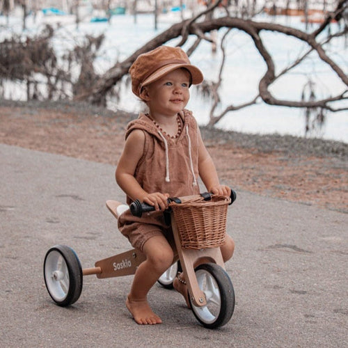 2 in 1 Toddler Mini-Trike/Balance Bike with Wicker Basket Natural