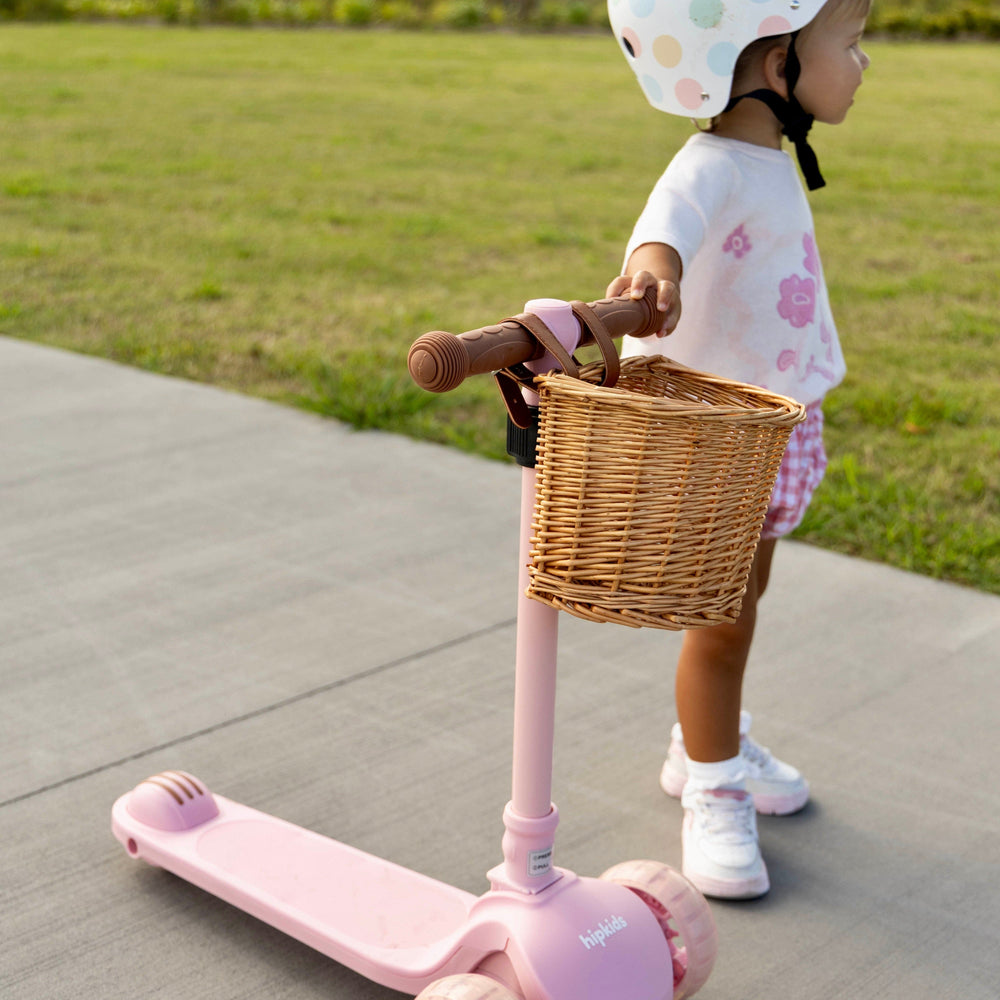 HipKids 3 Wheel Scooter w/ Wicker Basket Blush Pink
