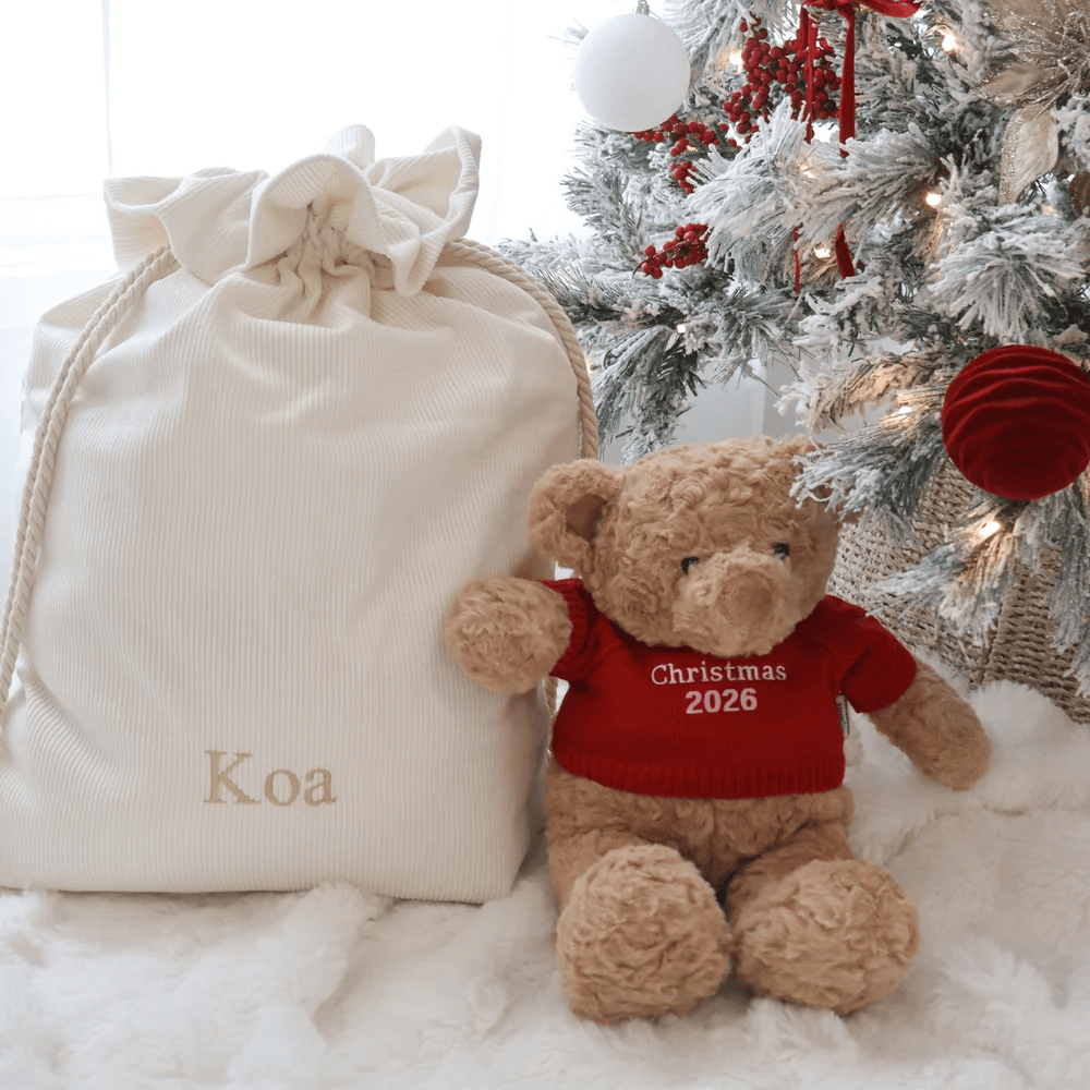 Christmas Bundle - Santa Sack & Biscuit the Bear with Cherry Red Sweater