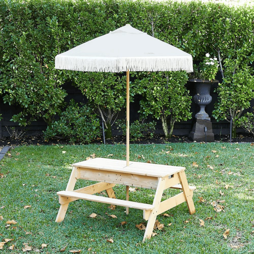 Kids Sand Water / Picnic Table with Tassel Umbrella Nougat