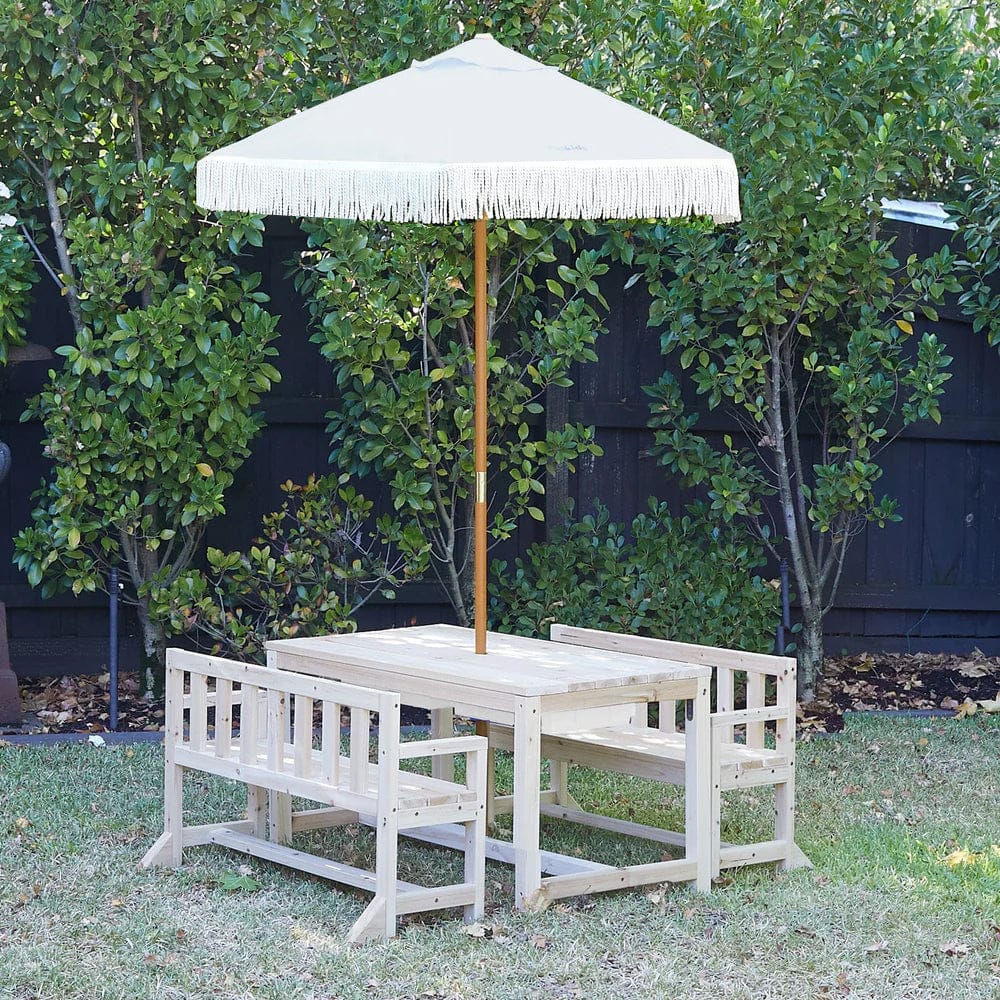 Patio Table + 2 Bench Chairs & Umbrella - Preorder Nougat Umbrella