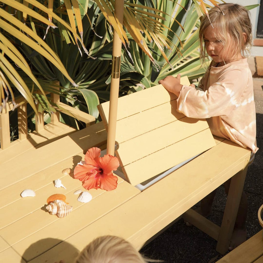 Patio Table + 2 Bench Chairs & White Umbrella