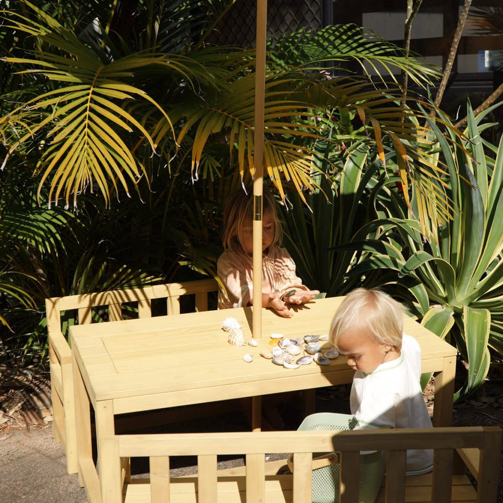 Patio Table + 2 Bench Chairs & White Umbrella