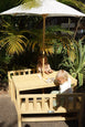 Patio Table + 2 Bench Chairs & White Umbrella