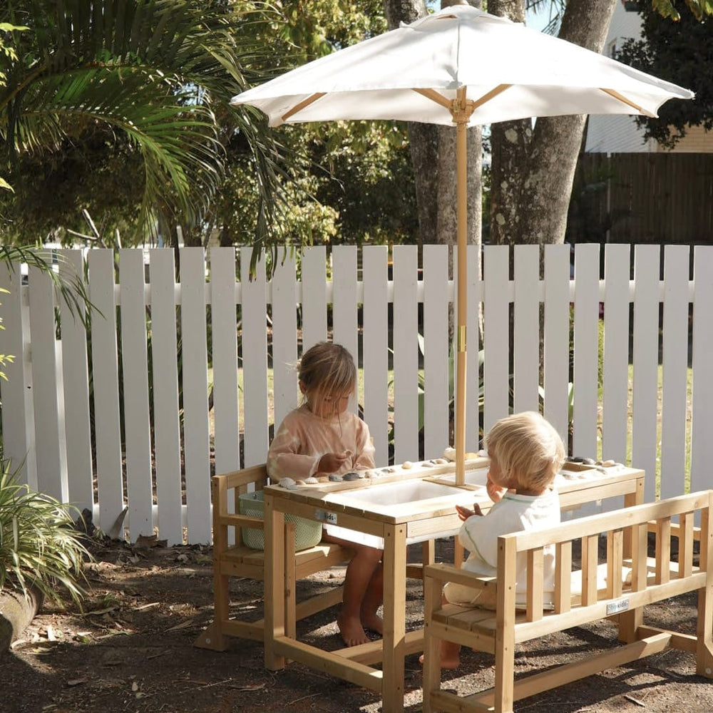 Patio Table + 2 Bench Chairs & White Umbrella