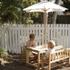 Patio Table + 2 Bench Chairs & White Umbrella