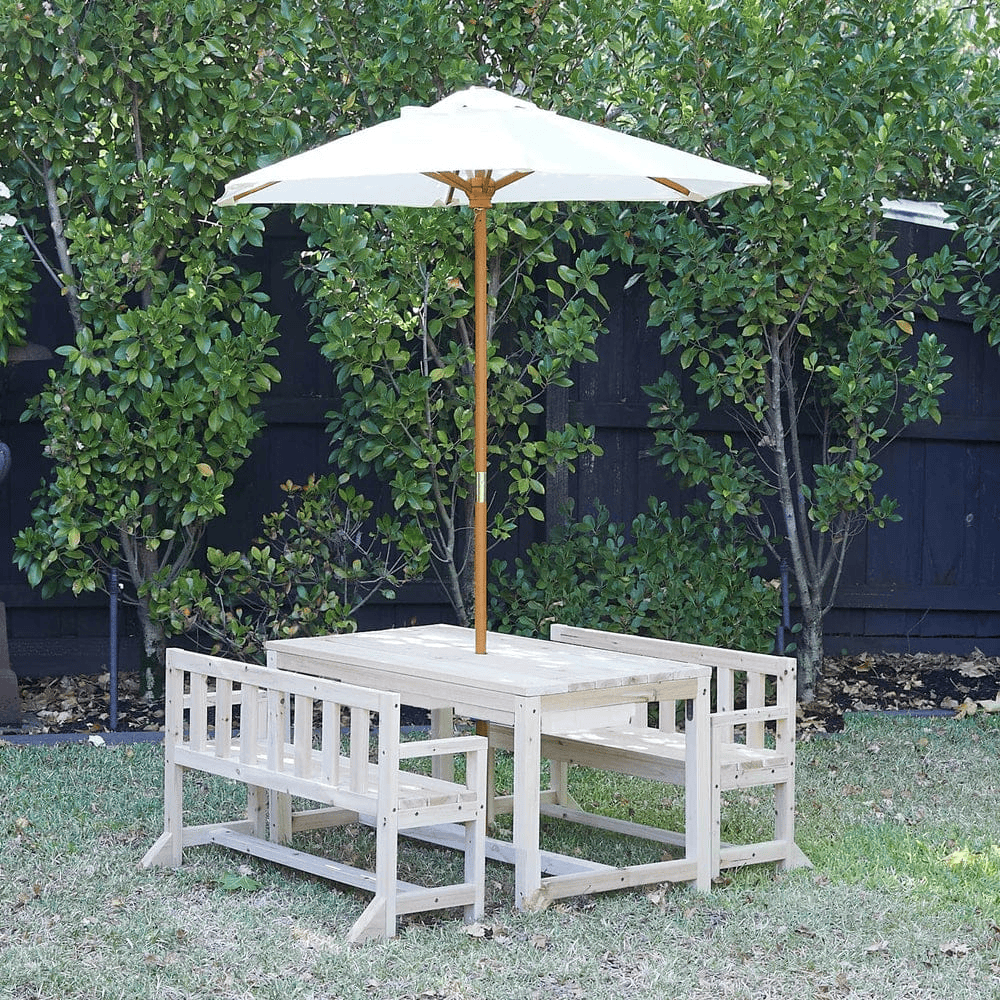 Patio Table + 2 Bench Chairs & White Umbrella