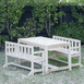 Patio Table + 2 Bench Chairs & White Umbrella