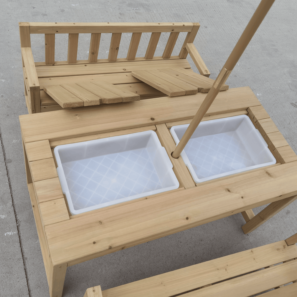 Patio Table + 2 Bench Chairs & White Umbrella