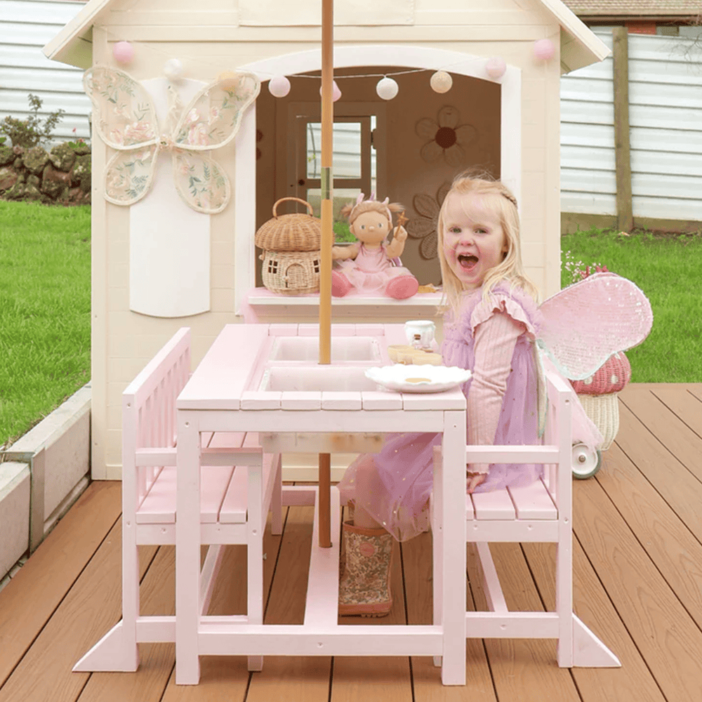 Patio Table + 2 Bench Chairs & White Umbrella