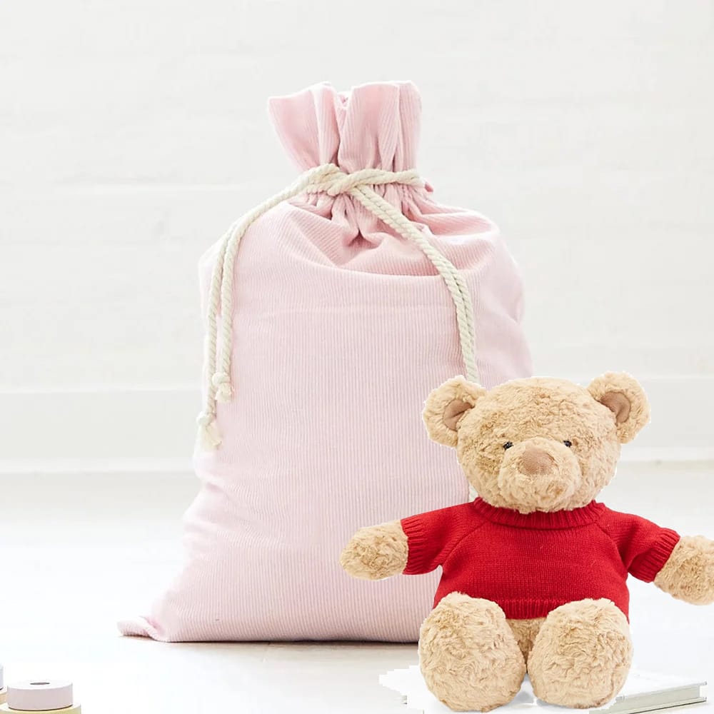 Santa Sack & Biscuit the Bear with Cherry Red Sweater Bundle Blush Pink