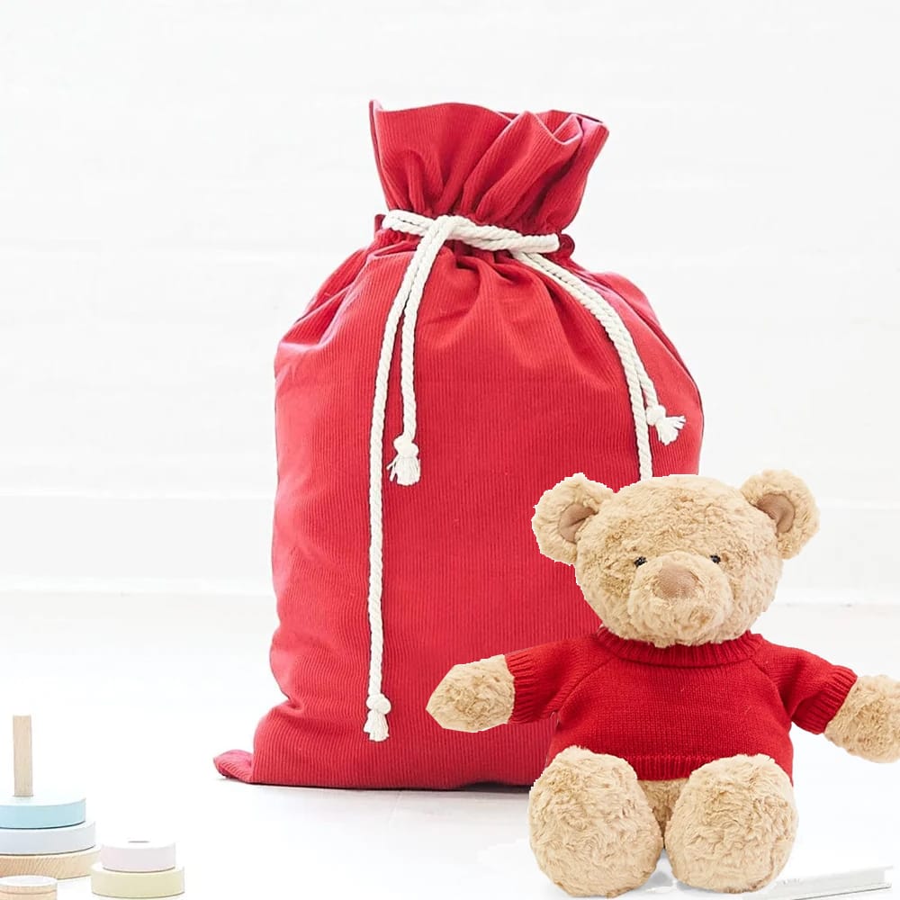 Santa Sack & Biscuit the Bear with Cherry Red Sweater Bundle Cherry Red