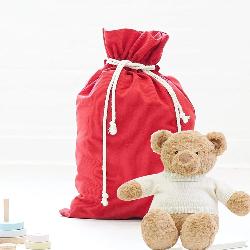 Santa Sack & Biscuit the Bear with Ivory Sweater Bundle Cherry Red