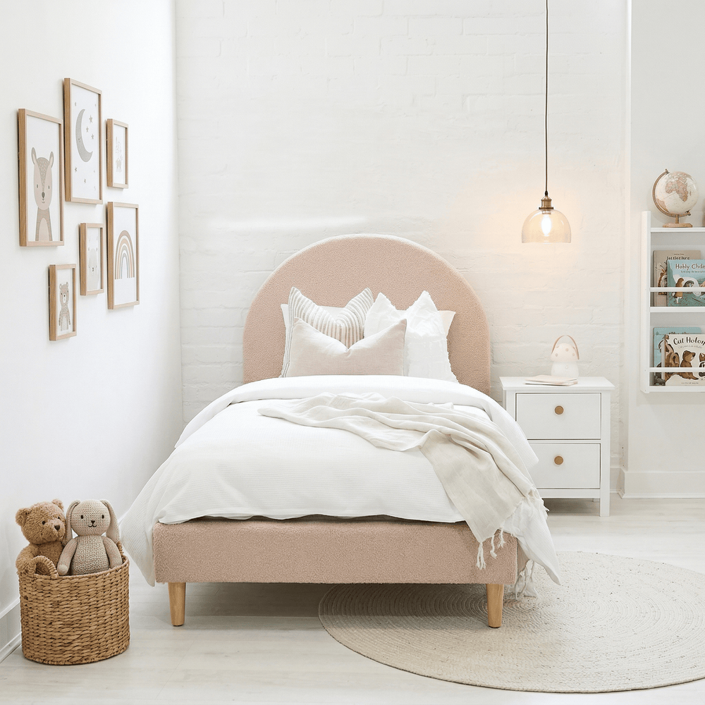 SCOUT Blush Pink Boucle Upholstered Bed