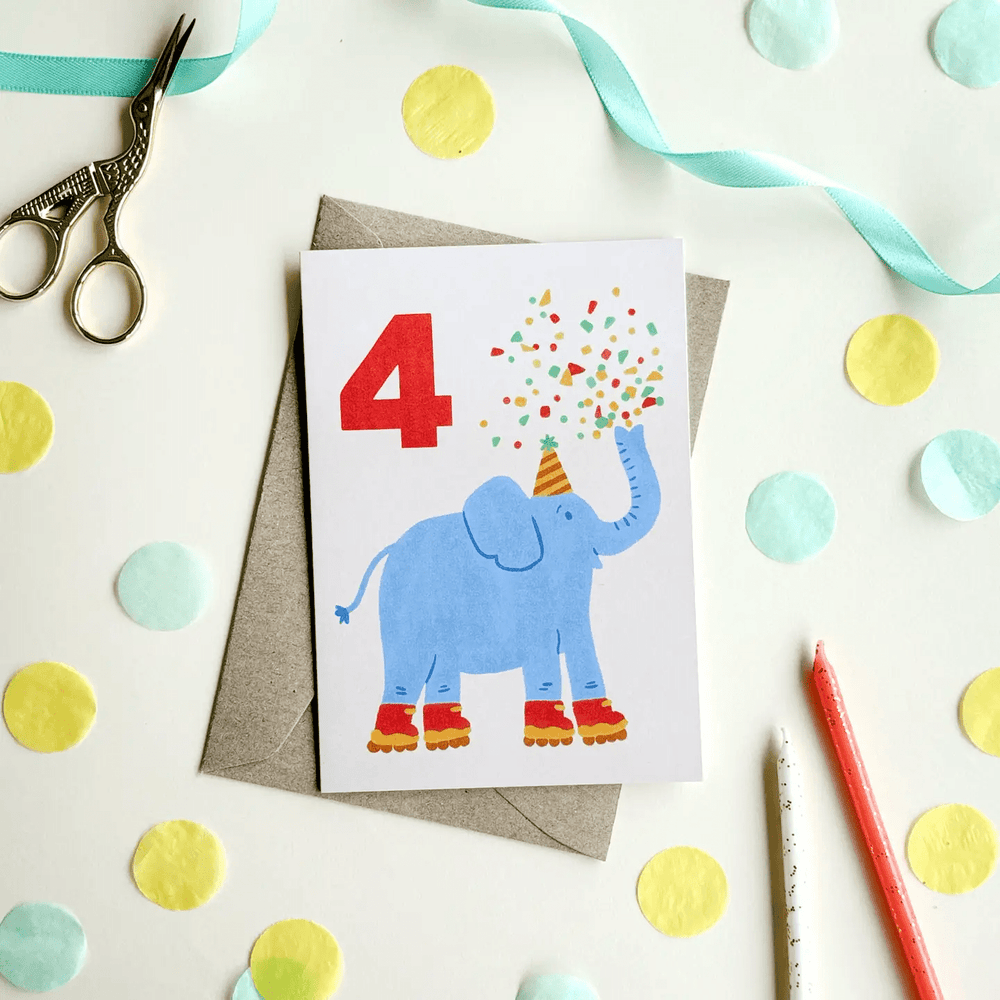 Age 4 Elephant Birthday Card - Kids Cute 4th Milestone