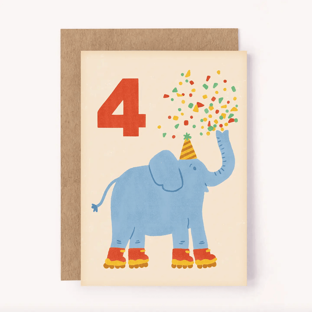 Age 4 Elephant Birthday Card - Kids Cute 4th Milestone