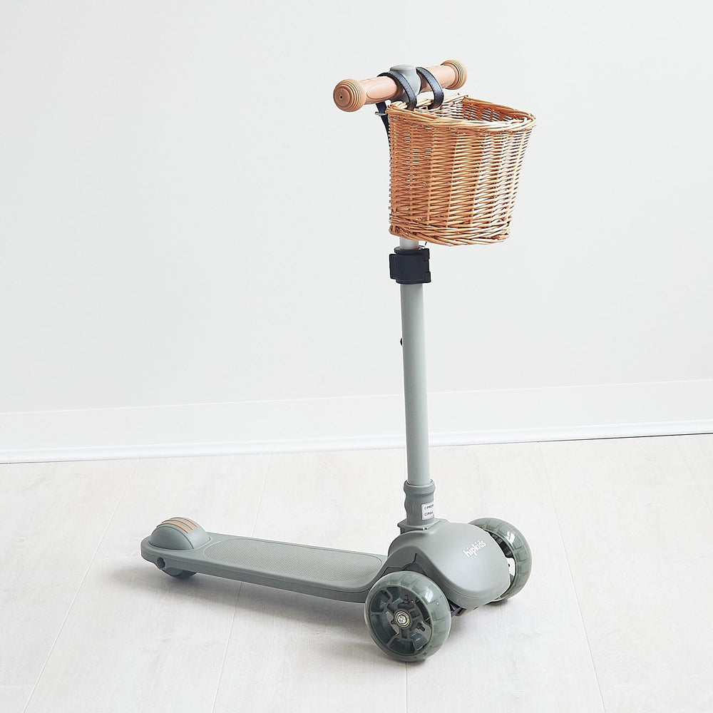 HipKids 3 Wheel Scooter w/ Wicker Basket Olive