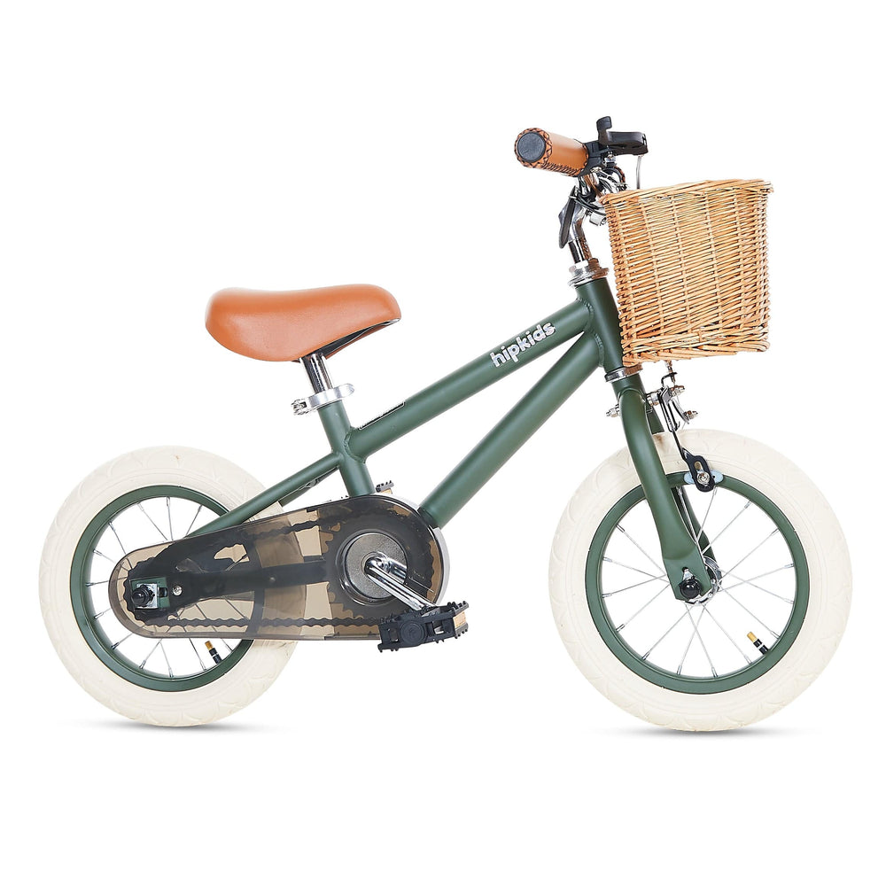 HipKids Classic Steel Bike with Wicker Basket Olive